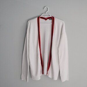 89th & Madison Open Front Oversized White Small Knit Red Collar Sweater Cardigan